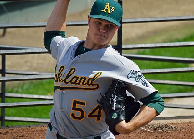 Sonny Gray warms up for the Athletics