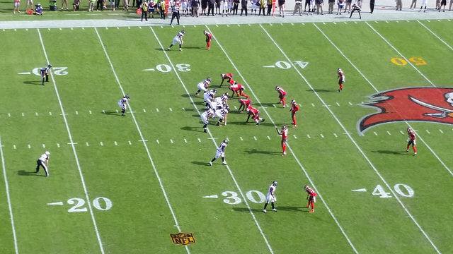 Overhead shot of a Bucs vs Falcons game