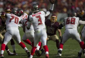 Tampa Bay QB Jameis Winston throws from the pocket.