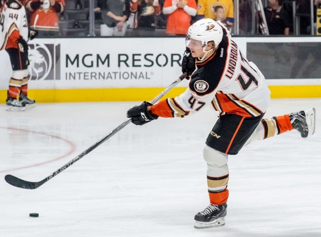 Hampus Lindholm playing for the Anaheim Ducks