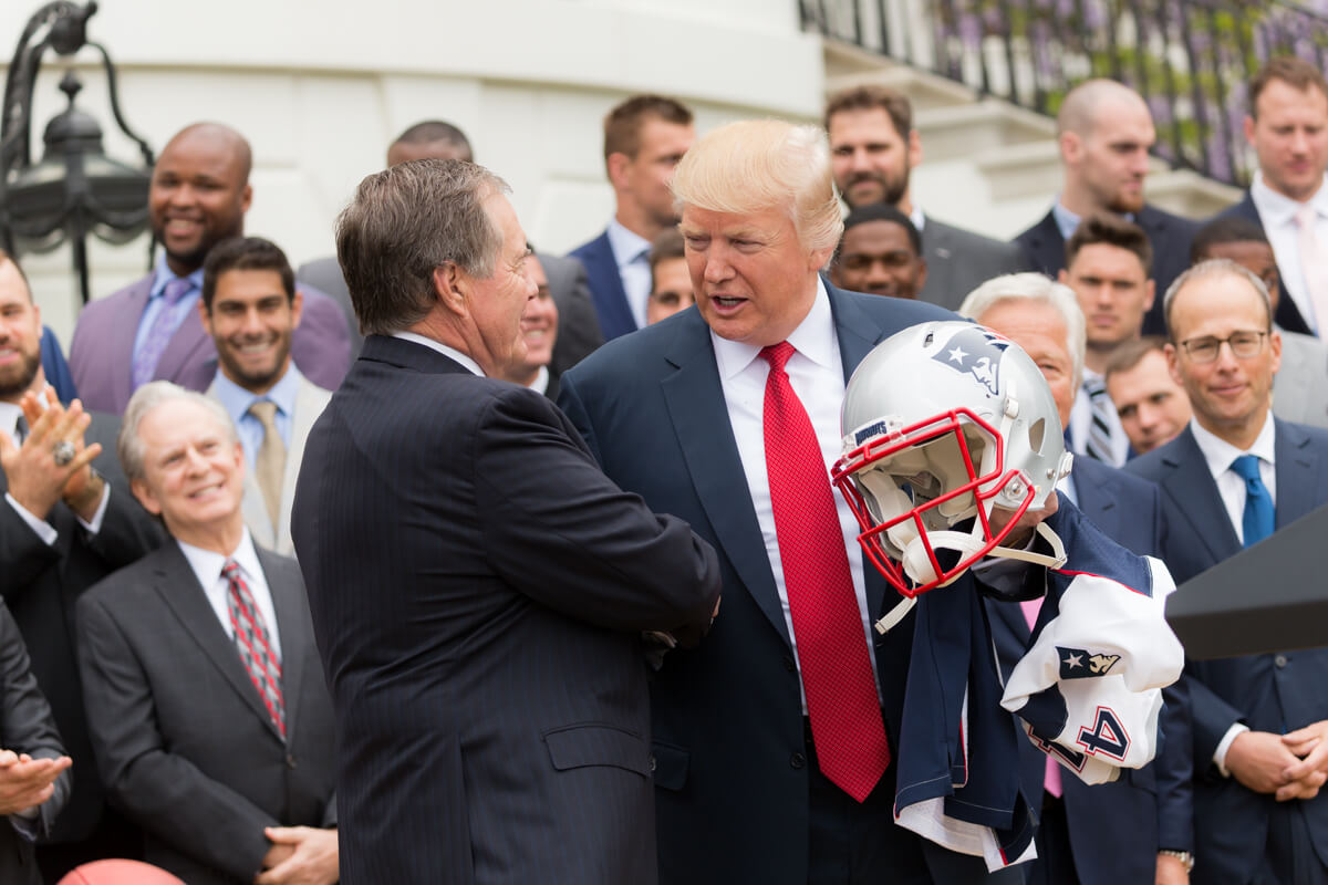 Donald Trump congratulating Bill Belichick at the White House following Super Bowl 51