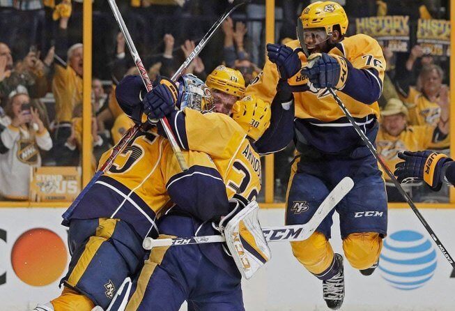 Nashville Predators celebrating a 2017 NHL playoff win.