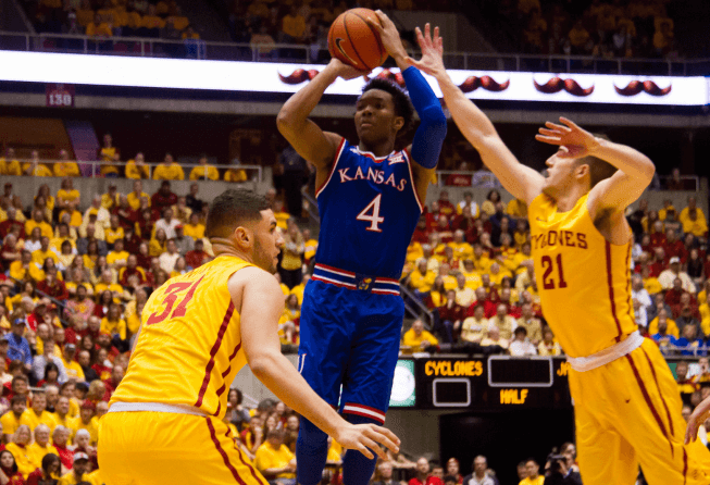 Kansas' guard Devonte Graham rising up for a jumper