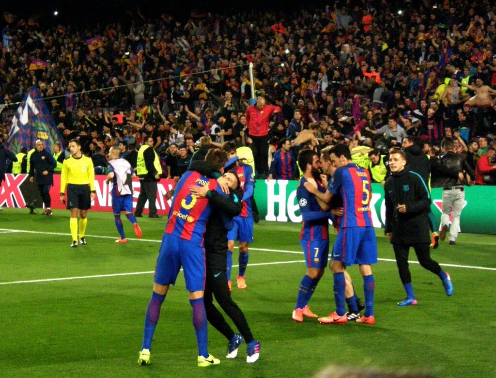 Barcelona celebrate their miraculous 6-1 win over PSG