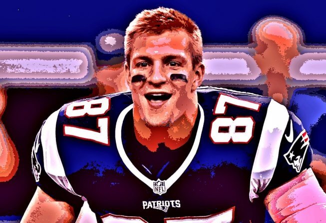Stylized image of New England tight end Rob Gronkowski sticking his tongue out.