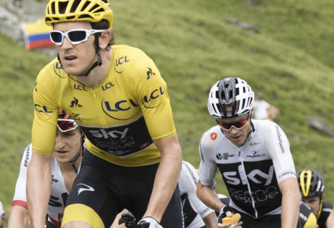 Sky teammates Geraint Thomas and Chris Froome riding in the 2018 Tour de France.