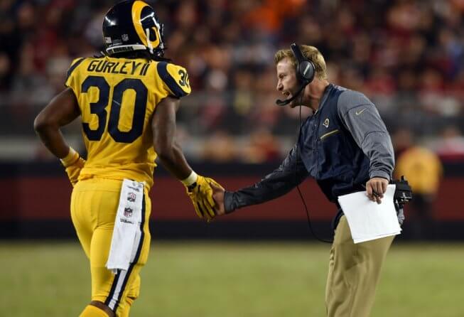 LA Rams running back Todd Gurley high-fiving coach Sean McVay.