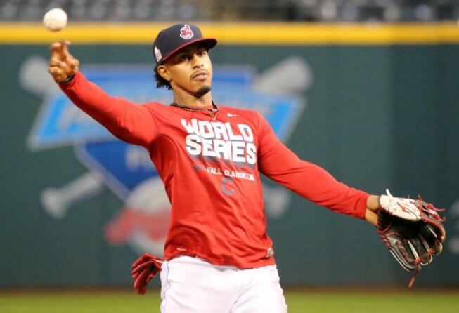 Cleveland Indians shortstop Francisco Lindor warming up
