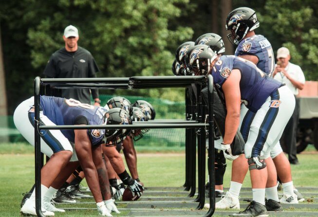 Baltimore Ravens linemen at practice