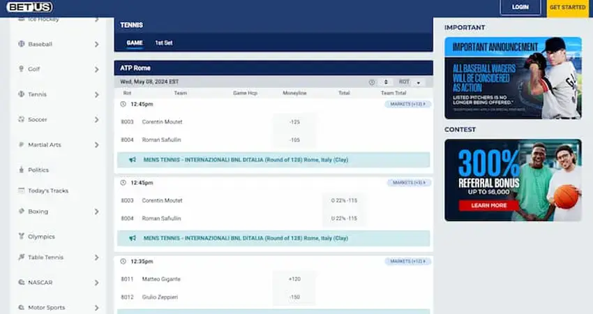 image of BetUs Tennis betting interface