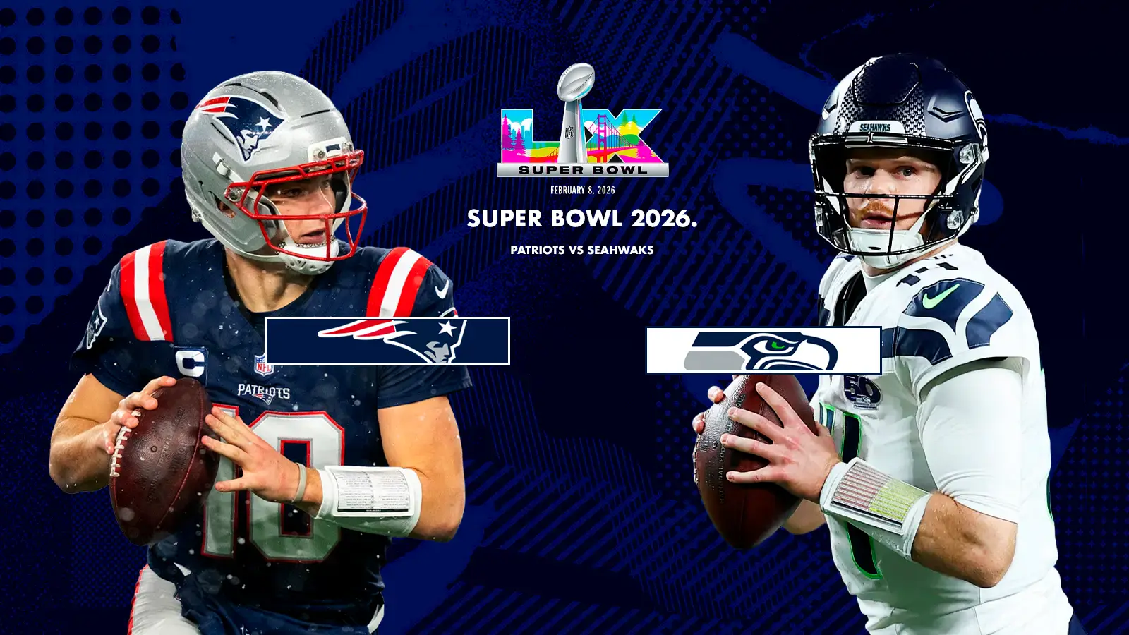 Design image feauturing 2 superbowl 2026 finalists players