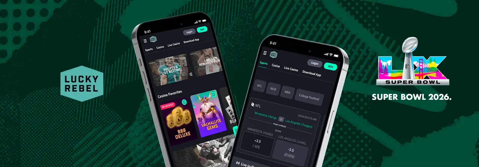Lucky Rebel mobile betting interface for SuperBowl online betting 2026