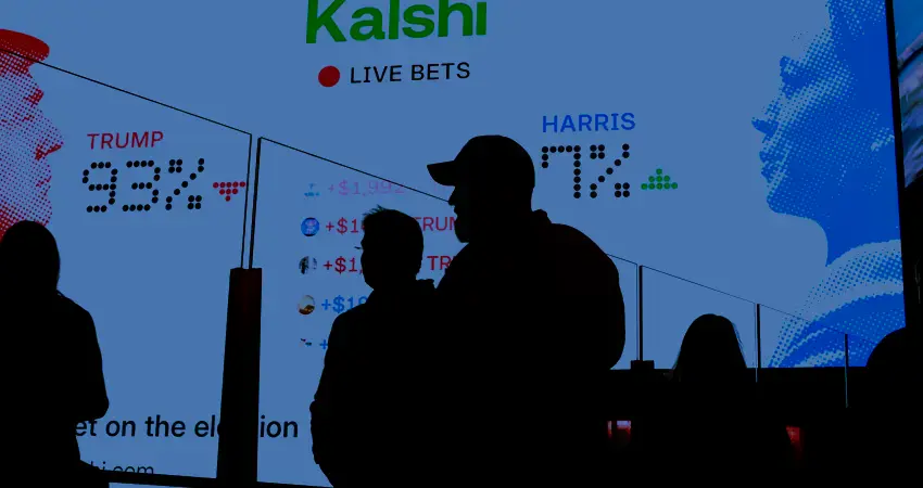Kalshi live prediction market board showing Trump at 93% and Harris at 7% during U.S. election betting event_
