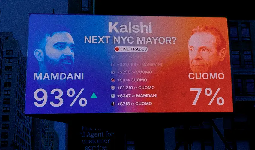 Kalshi prediction market billboard showing NYC Mayor election odds with Mamdani at 93% and Cuomo at 7%