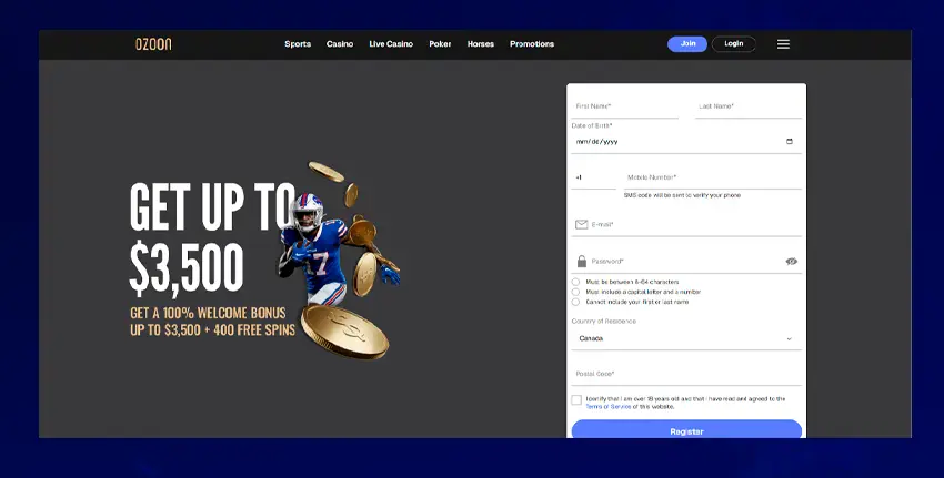 Ozoon's signup and bonus interface screenshot
