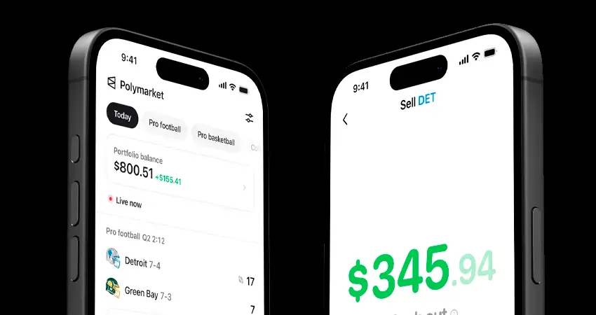 Mockup of two mobile phones displaying the Poly Market app.