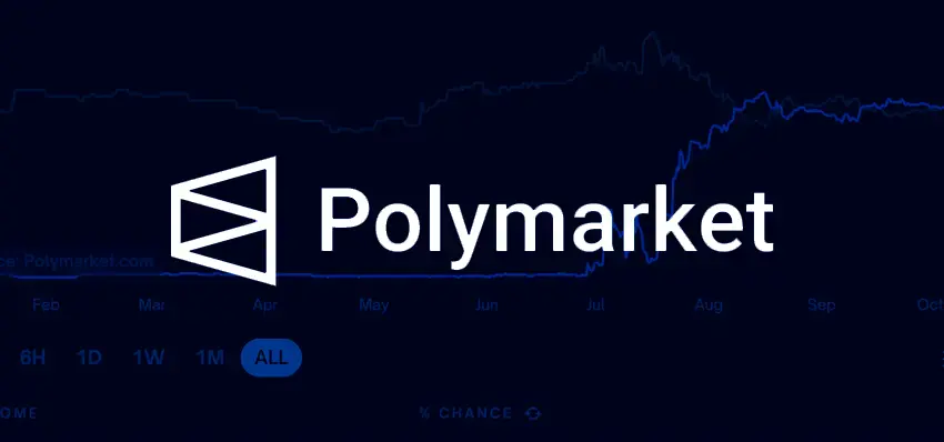 Polymarket logo over dark financial chart background highlighting decentralized prediction trading_