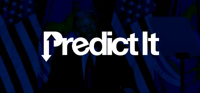 PredictIt logo over a U.S. flag background representing political prediction market platform_