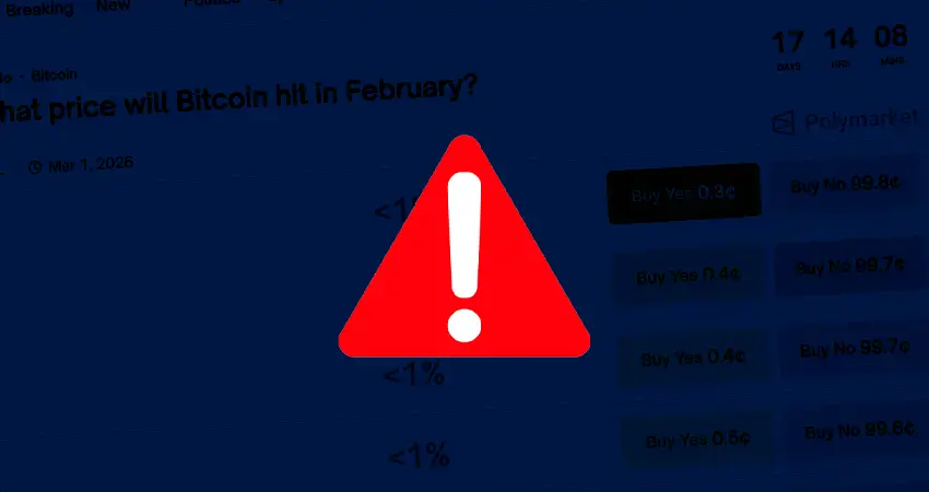 Prediction market trading screen with red warning icon overlay, highlighting potential risk or account restriction issue_