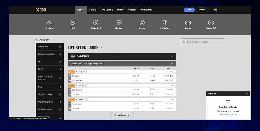 scheenshot of the Ozoon's new online betting interface