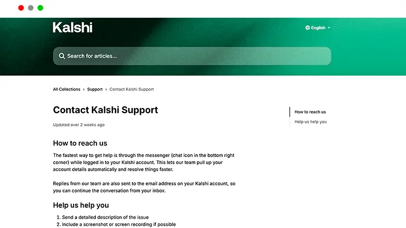 Kalshi support page with help center and contact options