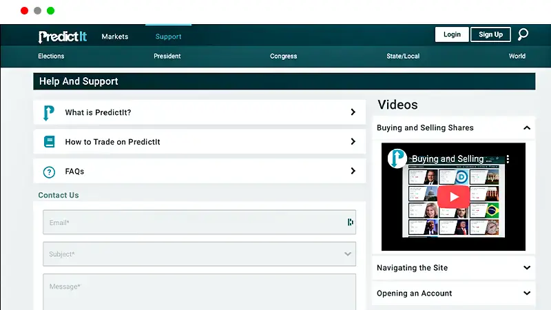 PredictIt help and support page with FAQs and guidesv