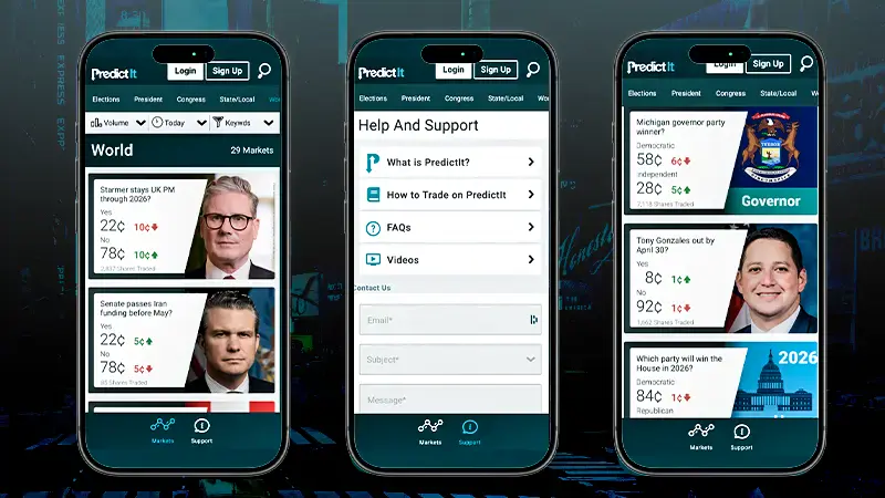 PredictIt mobile screens showing active markets