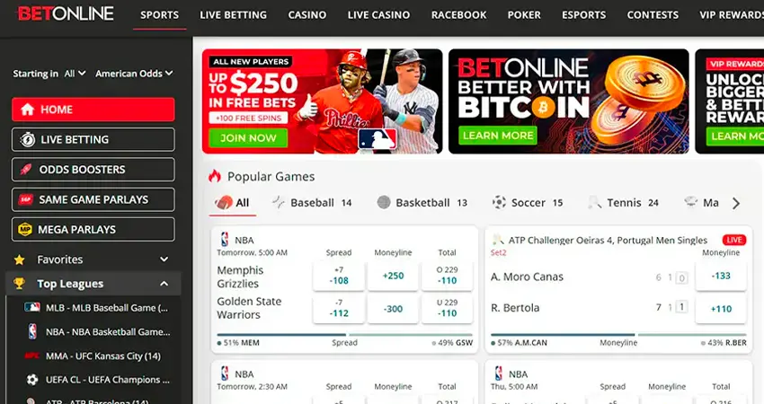 BetOnline sportsbook homepage showing live betting markets, odds, promotions and navigation menu_