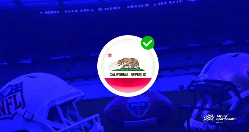 California sports betting legality graphic with football helmets, stadium background and state approval icon_