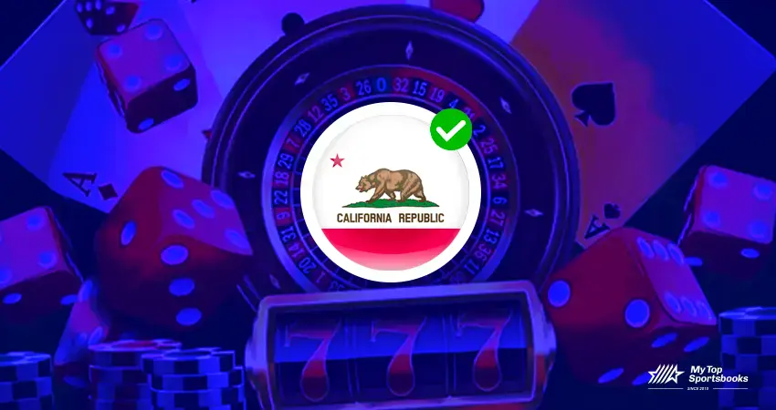 California sweepstakes casino legality graphic with roulette wheel, dice, slot machine and state approval icon_