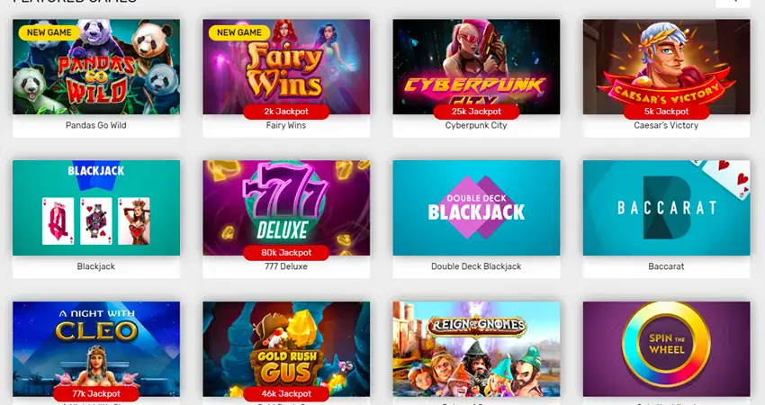 Online casino games lobby showing slots, blackjack, baccarat and roulette-style game tiles_