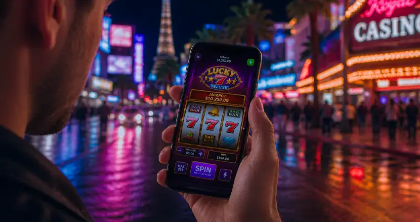 Man using an online casino-style platform in California