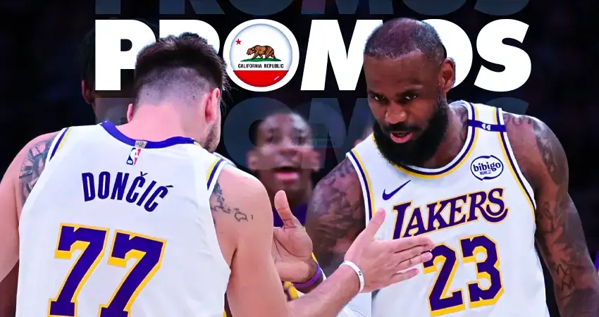 image of two Los Angeles Lakers celebrating in an NBA game
