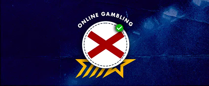Online gambling legal status banner with alabama flag icon