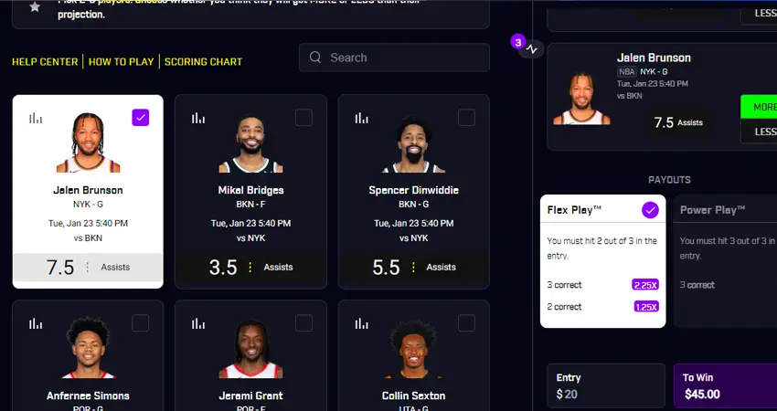 Prizepicks app interface showing basketball daily fantasy stats and data