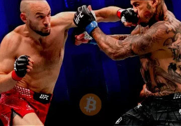 UFC fighters exchange punches during a mixed martial arts bout inside the Octagon