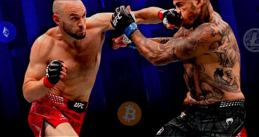 UFC fighters exchange punches during a mixed martial arts bout inside the Octagon
