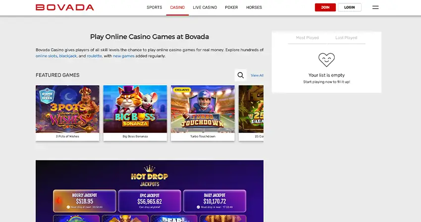 Bovada Desktop Casino Interface