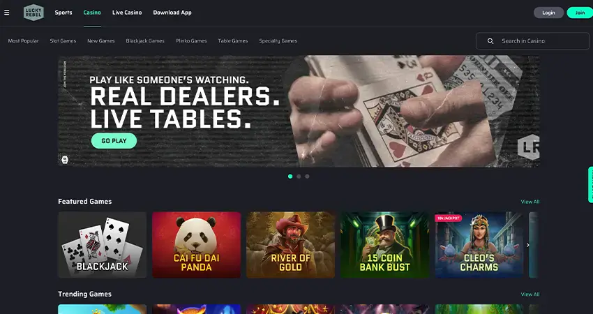 Lucky Rebel Desktop Casino Interface