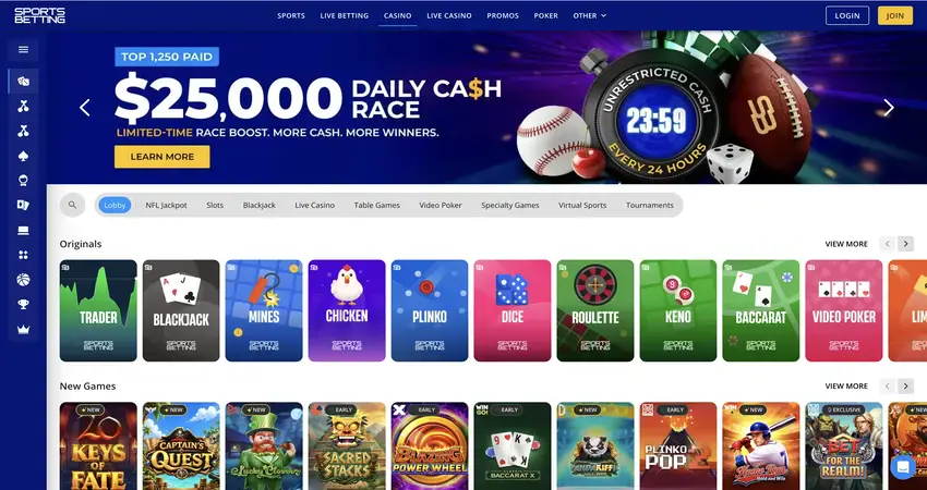 Sportsbetting.Ag Desktop Casino Interface