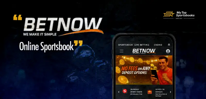 BetNow Online Sportsbook promotional graphic featuring a mobile app screen with sports betting, casino, poker options and a welcome bonus offer.BETNOW-sportsbook-pic copy
