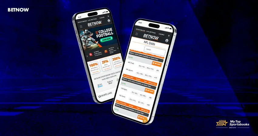 BetNow mobile app preview displayed on two smartphones showcasing live sportsbook interface and betting options_