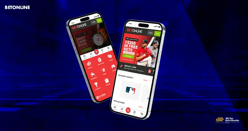 BetOnline mobile app preview showing betting interface on iOS and Android devices