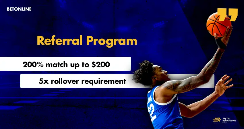 BetOnline referral program promotion with 200% match bonus up to $200 and 5x rollover requirement_
