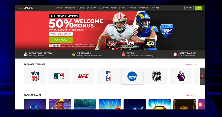 BetOnline sportsbook homepage featuring sports betting markets, welcome bonus banner, and navigation menu._