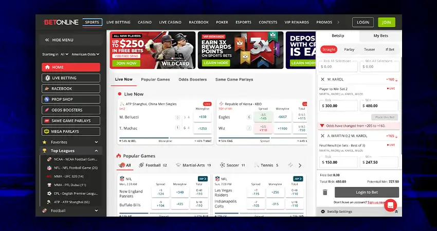 BetOnline sportsbook live betting interface with odds, bet slip, and featured sports markets_