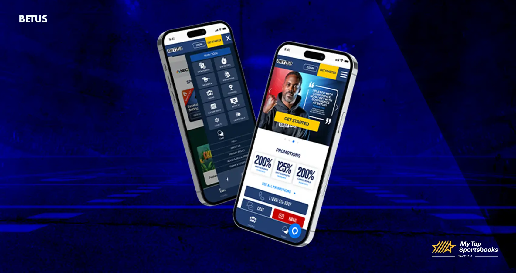 BetUS mobile app preview on two smartphones showing sports betting and live streaming features@2x