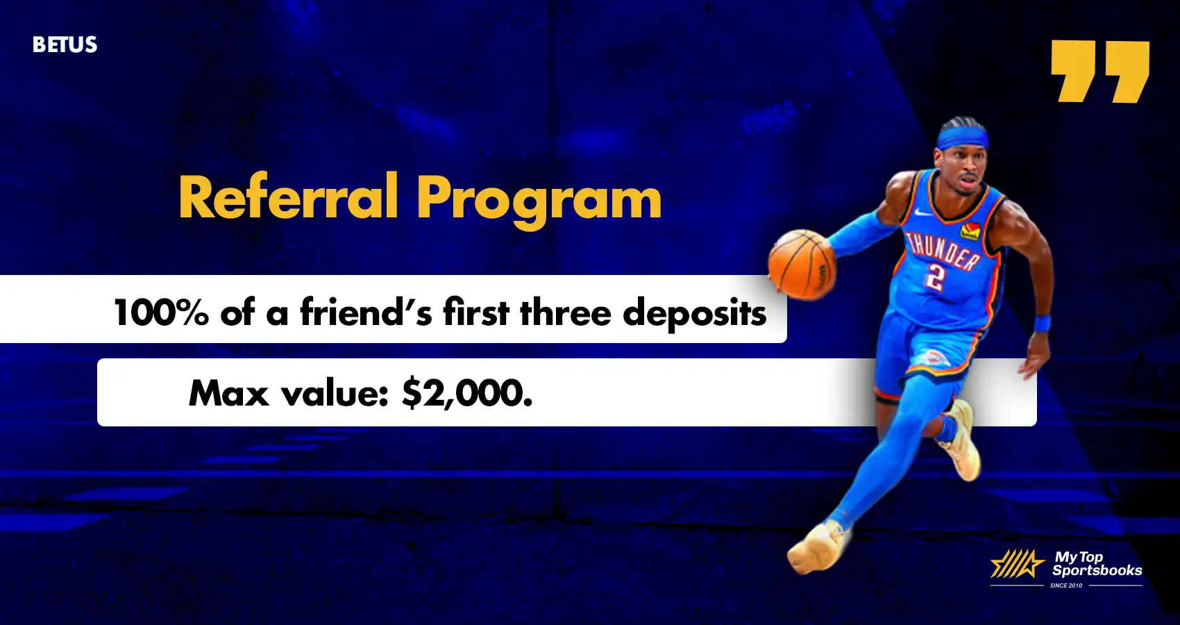 BetUS referral program promotion offering 100% of a friend’s first three deposits with max value of $2,000@2x
