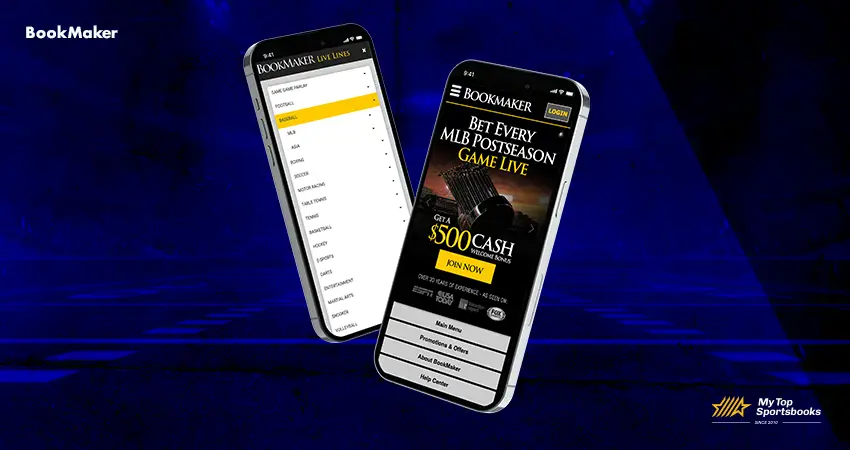 Bookmaker mobile app preview displayed on two smartphones showing betting interface and live odds_