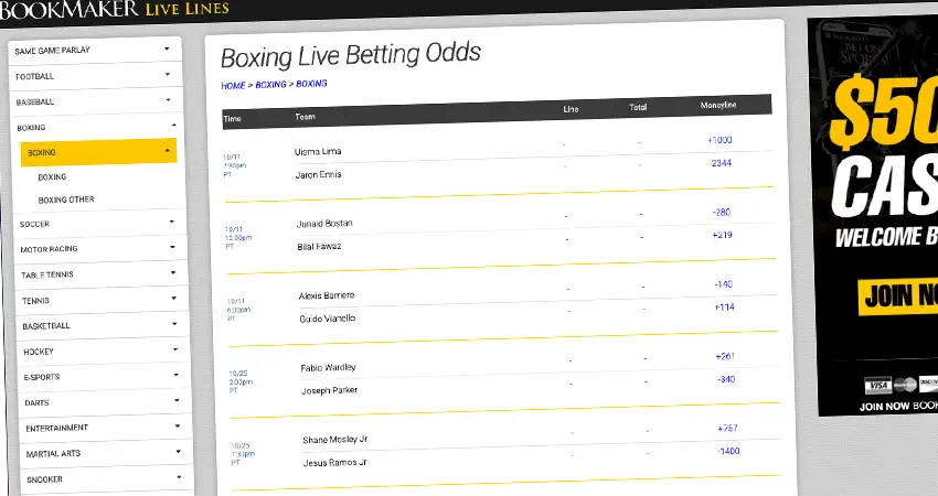 Bookmaker sportsbook interface displaying boxing live betting odds, upcoming events, and wagering options_